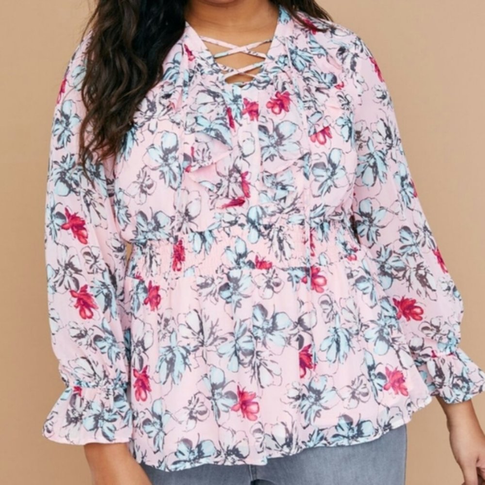 Lane Bryant Floral Print Ruffle Lace Up Blouse EUC sz 22
